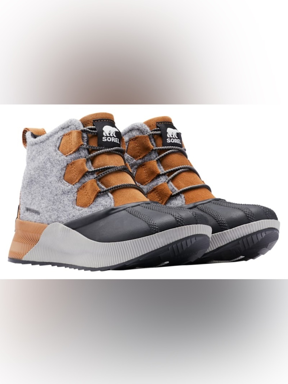 Sorel Out ‘n About women’s Tan Suede and Gray Winter Lace-Up Boots
